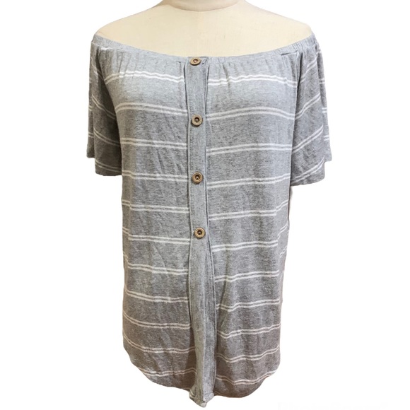 Mandee’s Grey and White Off the Shoulder Striped Hobo Top - Picture 2 of 3